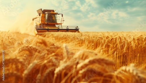 Combine harvester reaps wheat during harvest season in agriculture
