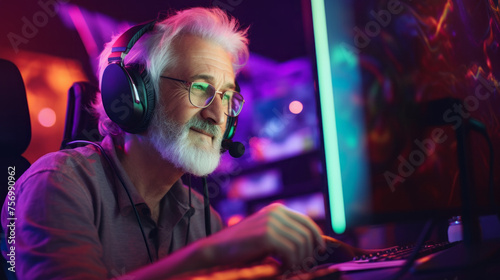 A gray-haired middle-aged man, a streamer wearing headphones, is playing a video game on a computer in a game room with neon pink lighting. Hobbies and Recreation, Entertainment, Lifestyle concepts.