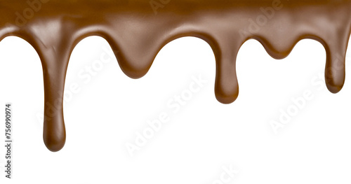 Pouring Chocolate drips frozen on cake isolated on white background photo