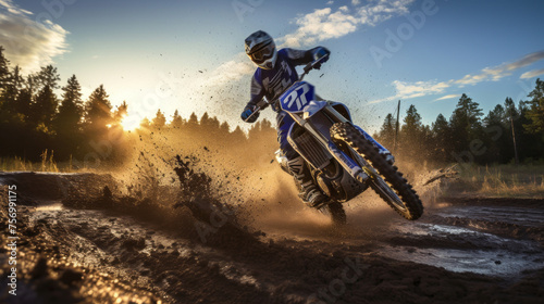 Motorcycle racer. Off-Road Race bike in action in the forest photo