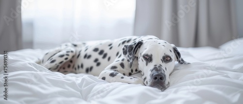 Dalmatian dog resting in a pet friendly hotel room awaiting its owner