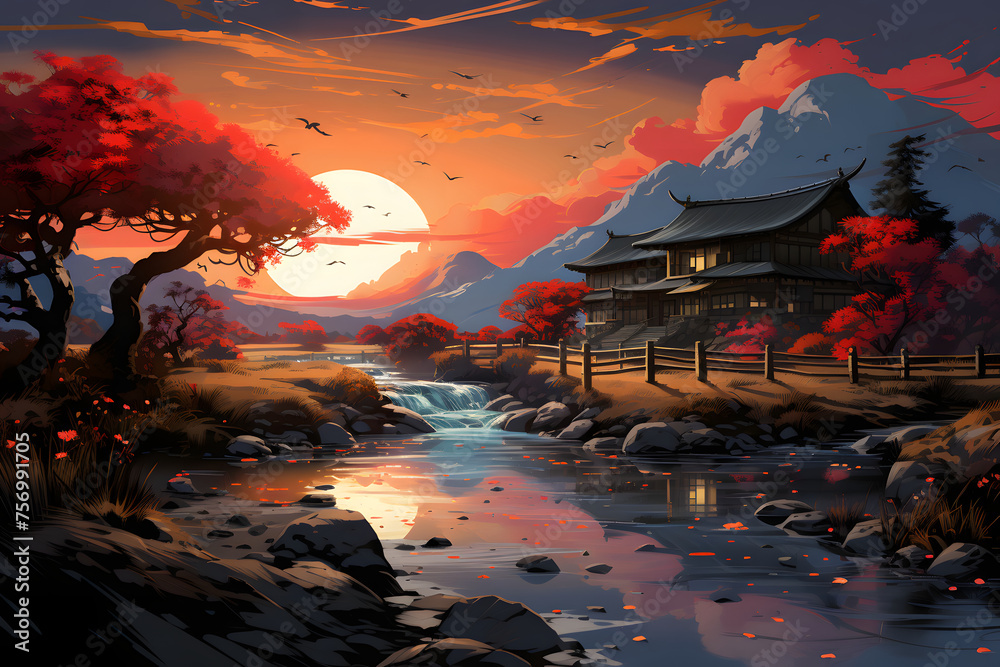 Traditional House Beside a River. Peaceful House Illustration