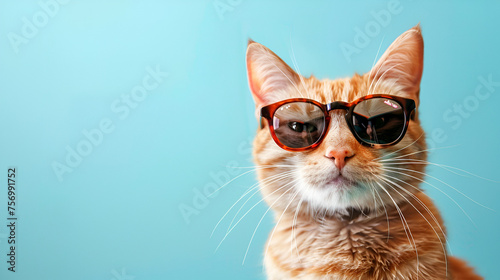 Closeup Portrait of Funny Ginger Cat Wearing Sunglasses  Cute and Playful Pet Concept for Summer Vibes  Generative AI  