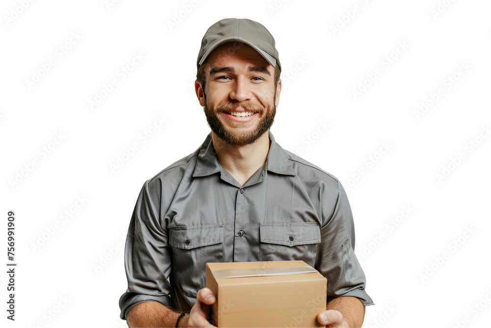 Male delivery staff holding cardboard boxes on white Male delivery staff holding cardboard boxes on white