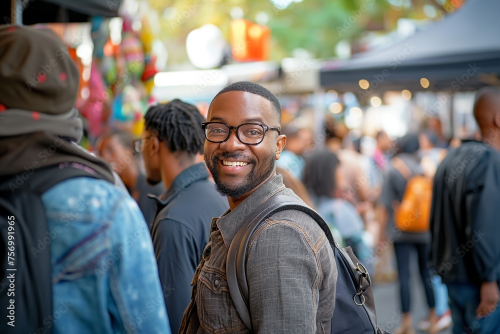 Happy African American man with a backpack smiling in a busy urban market, concept of travel and vibrant city life Happy African American man with a backpack smiling in a busy urban market, concept of travel and vibrant city life