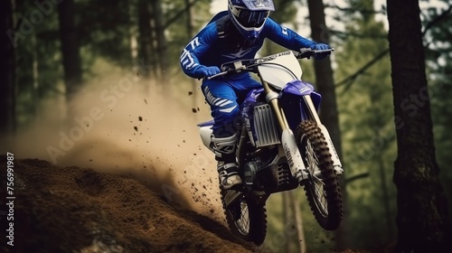 Motorcycle racer. Off-Road Race bike in action in the forest photo