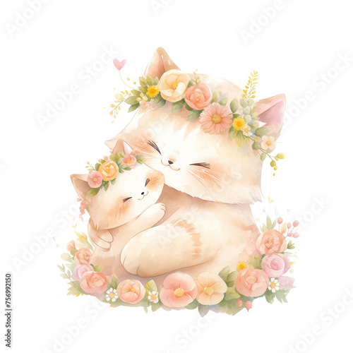 kitten and Mother cat hugging in Watercolor 