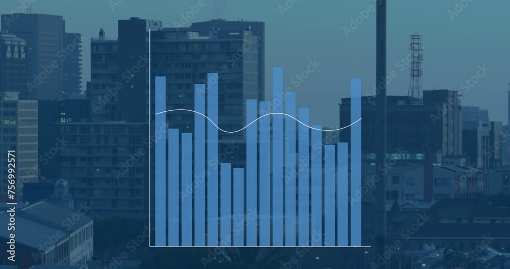 Image of diverse graphs over blue cityscape