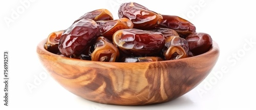 Dried dates in a wooden bowl on white background