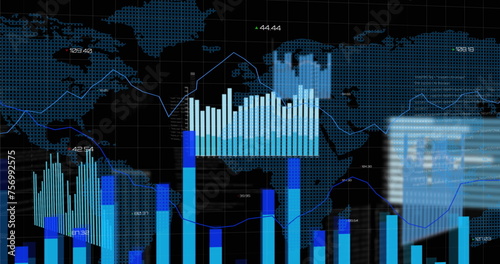 Image of financial graphs and data over world map on black background