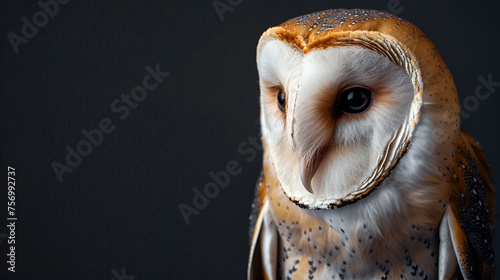 Common Barn Owl (Tyto alba) Head Close-Up with Copy Space, Detailed Portrait of a Beautiful Owl, Wildlife Photography, Generative AI

 photo