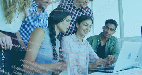 Image of data processing over team of colleagues using laptop