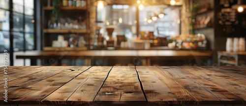 Empty wooden table in cafeteria bar or coffee shop for product display © The Big L