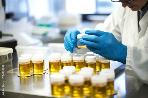 Photography of a laboratory technician carefully labeling and organizing urine samples before analysis, ensuring accuracy and traceability in the testing process.