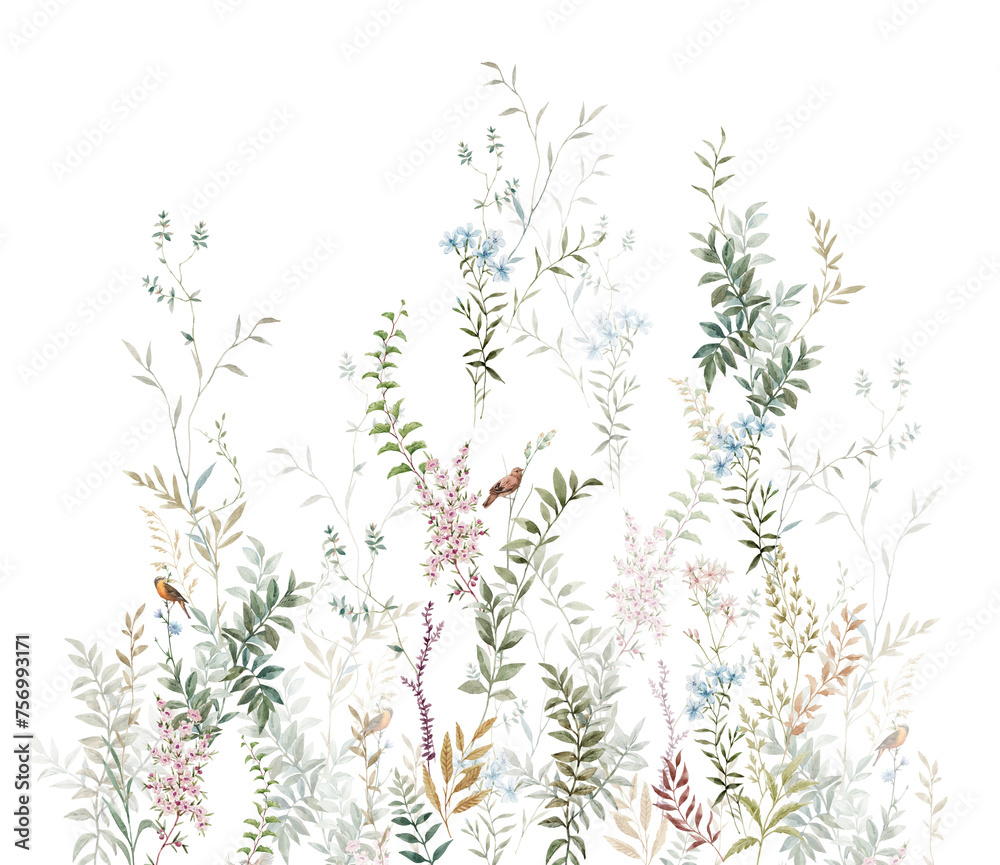 Mural with leaves and flowers. Delicate watercolor vines and flowers, birds on the branches. Watercolor fresco - obrazy, fototapety, plakaty 