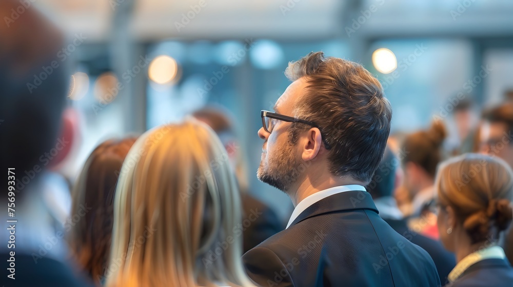 Business Professional Engrossed in Inspiring Conference Speech with Dynamic Background