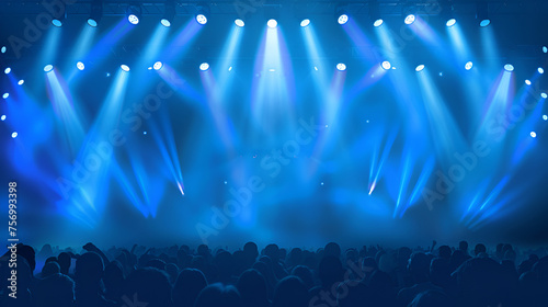 Concert Crowd in Front of Bright Blue Stage Lights, Excited Audience Enjoying Live Music Performance, Energetic Atmosphere at Music Festival, Generative AI

