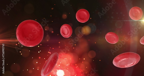 Image of micro of red blood cells on and spots on black background