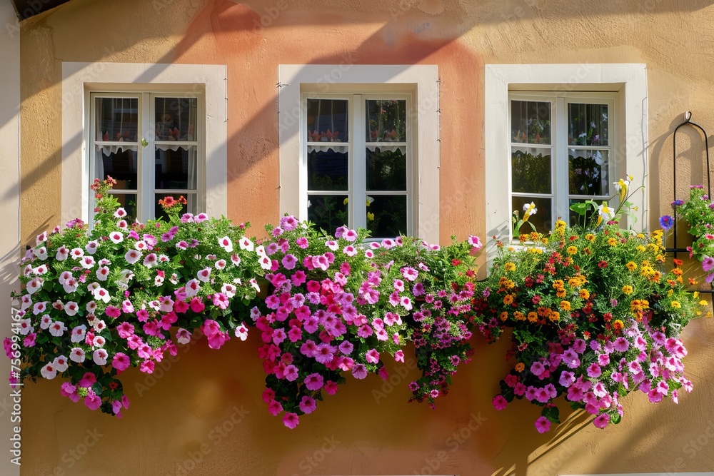 Flowers in hanging baskets by white windows and a brown wall