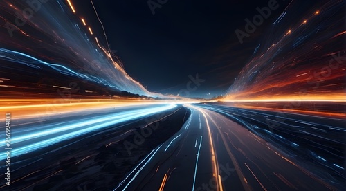 abstract contemporary high-speed light trails against a panoramic backdrop, representing a quick data transport concept with data flowing simultaneously