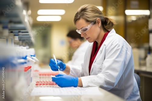 
Photography of a middle-aged female healthcare worker labeling blood samples for detailed analysis.