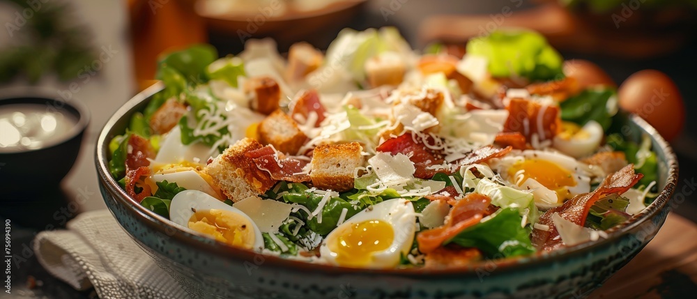 Fresh Caesar salad with anchovies eggs bacon lettuce Parmesan croutons and mayo Fresh Caesar salad with anchovies eggs bacon lettuce Parmesan croutons and mayo