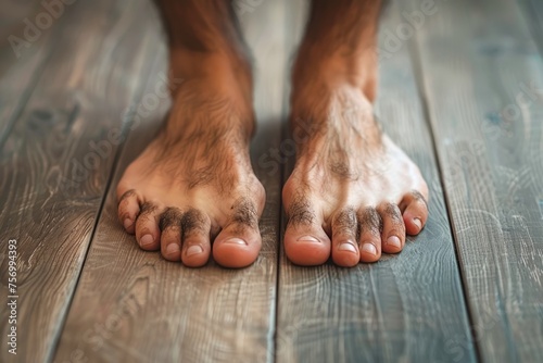  Picture of a man's feet with a subtle pedicure treatment, emphasizing natural nail care and hygiene.