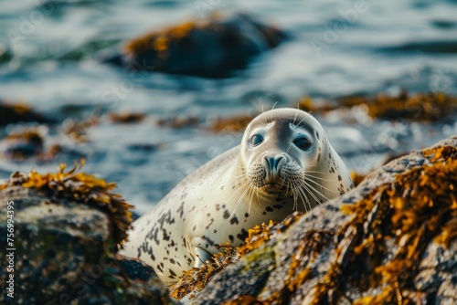 A Spotted Seal Resting on a Rocky Shoreline Under a Calm Ocean. © Sandris