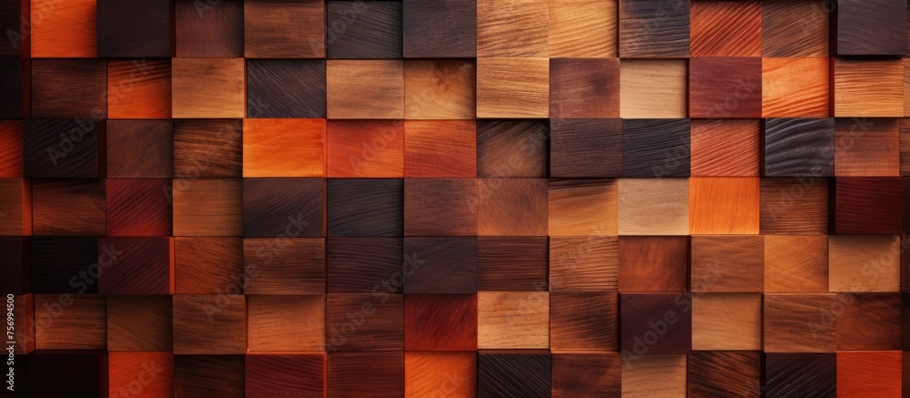 A closeup of a wall constructed from brown wooden squares, creating a unique flooring art piece with shades of amber and orange. The rectangular wood material property resembles brick A closeup of a wall constructed from brown wooden squares, creating a unique flooring art piece with shades of amber and orange. The rectangular wood material property resembles brick