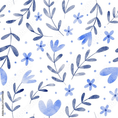 seamless floral pattern with watercolor blue flowers and leaves