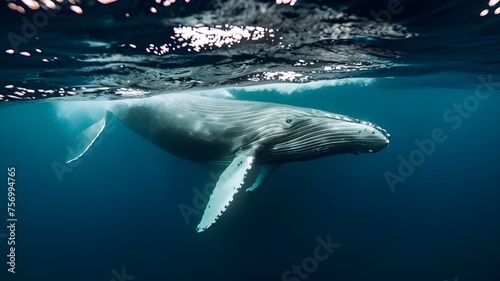 The image captures a majestic humpback whale swimming underwater., photo