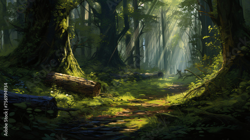 A dense forest with towering trees and dappled sunlight.