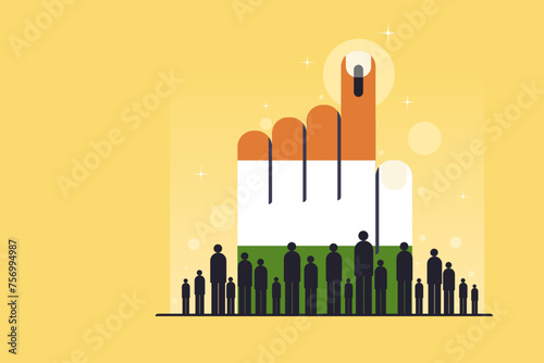 People standing in front of a big hand with Indian flag colours photo