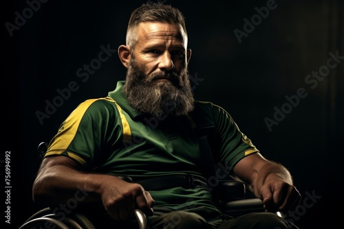  Portrait of a middle-aged man from South Africa, exuding confidence and determination, in his sports wheelchair, ready to represent his country in the wheelchair rugby tournament  © Hanna Haradzetska