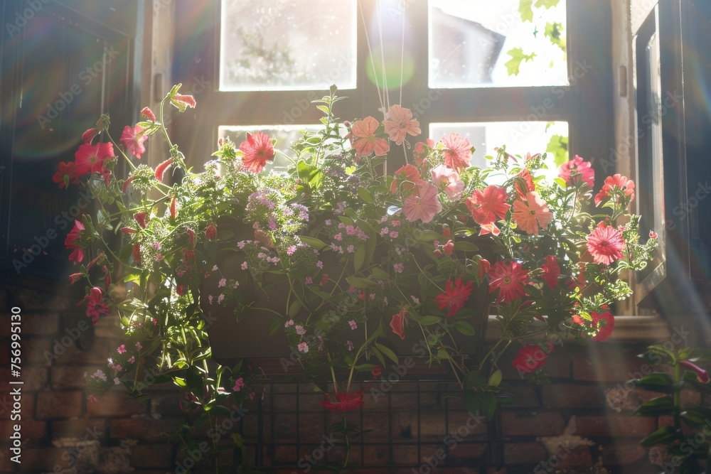 Gorgeous flower box hanging in sunlight