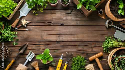 Copyspace Frame with Gardening Tools and Objects on Wooden Background, Concept for Horticulture and Agriculture Advertisement, Generative AI

 photo