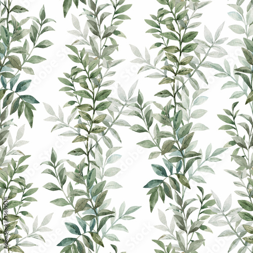 Seamless pattern with watercolor leaves and flowers. Mural. A delicate vertical wreath of plants and flowers.