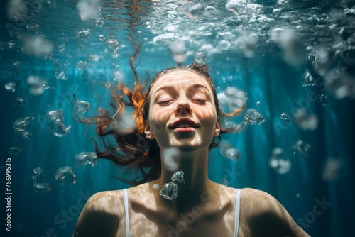 A young woman submerged in a swimming pool, her expression filled with joy as she practices synchronized swimming routines. She is a member of a national synchronized swimming team from C © Hanna Haradzetska