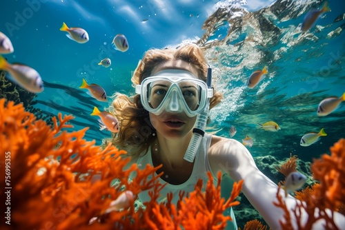  Portrait of a young woman submerged underwater, her eyes wide with excitement as she explores a colorful coral reef. She is a marine conservationist from Brazil, conducting a survey of coral reef hea © Hanna Haradzetska