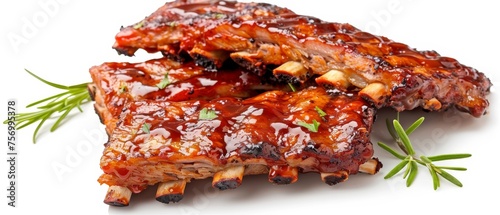 Grilled pork ribs in BBQ sauce and herbs on white background