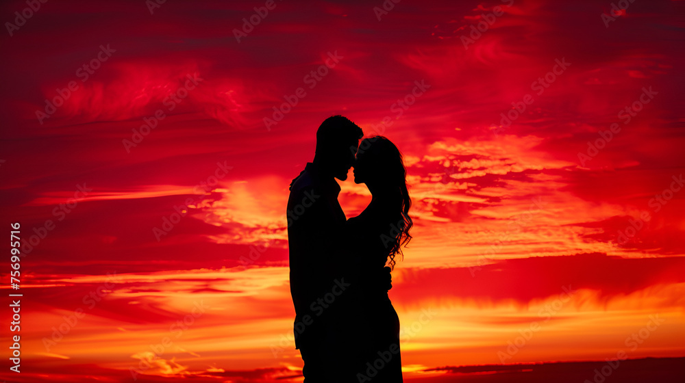Couple in Love Embracing at a Fiery Sunset, Romantic Silhouette Photo with Dramatic Sky Background, Romantic Moments Captured in Nature, Generative AI


