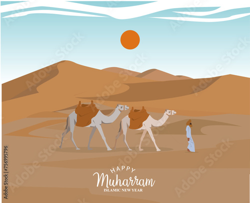 vector view in a desert on a sunny day blue sky cloudy and sun with camels and drivers in hijri islamic new year muharram photo