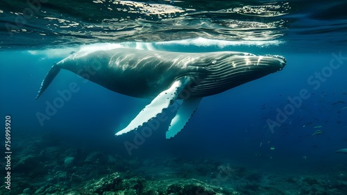 The image captures a majestic humpback whale swimming underwater.  photo