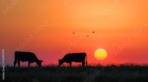 Cows Grazing in Sunset Field with Ample Copy Space, Isolated Background for Farming and Agricultural Concepts, Generative AI
