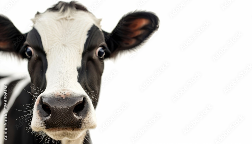 Inquisitive bovine alone on white backdrop emphasizing the snout