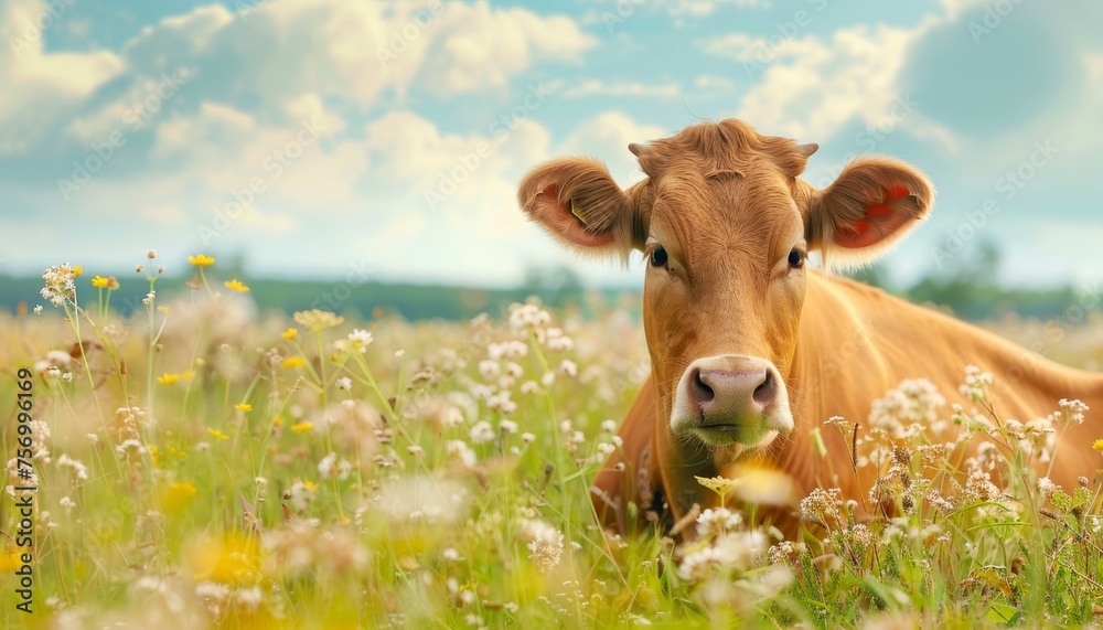 Inquisitive brown cow grazing on a sunny summer meadow