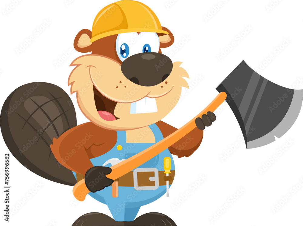 Cute Beaver Cartoon Character Wearing A Helmet Holding An Axe. Vector Illustration Flat Design Isolated On Transparent Background Cute Beaver Cartoon Character Wearing A Helmet Holding An Axe. Vector Illustration Flat Design Isolated On Transparent Background