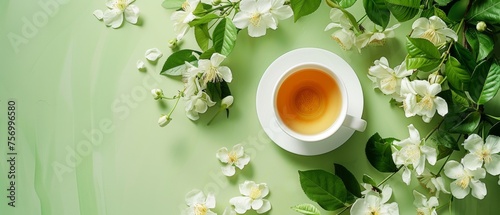 Jasmine tea and flowers arranged on green backdrop