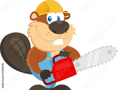 Cute Beaver Cartoon Character Wearing A Helmet Using A Chainsaw. Vector Illustration Flat Design Isolated On Transparent Background
