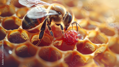 Title: A Queen Bee Cup with Royal Jelly in the Wax Comb of a Hive, Close-up Shot with Soft Lighting and Rich Detailing, Nature and Honey Beekeeping Concept, Generative Ai   © Muskan